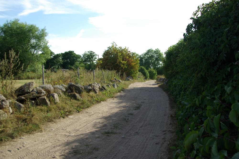 A sandy village lane between stone walls on Prangli island